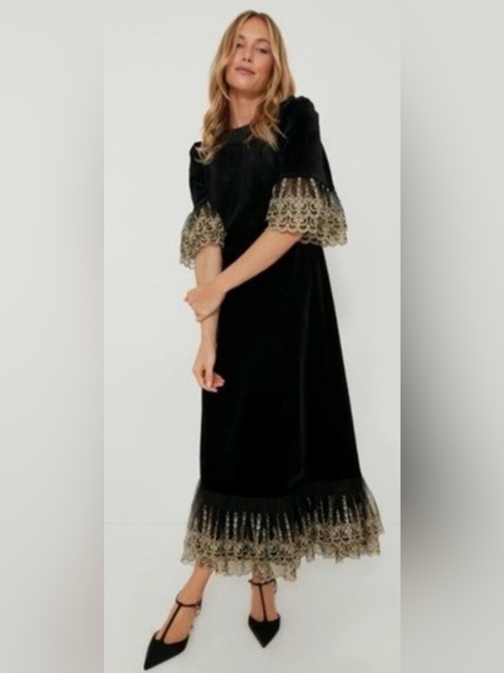 Pomander Place NEW Black Lillith Gold Lace Formal Maxi Dress Size XL